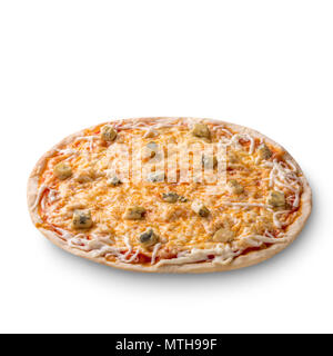 Ansicht von oben auf weißem eines ganzen frisch gebackene leckere vier Käsesorten italienische Pizza auf weißem Hintergrund Stockfoto