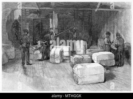 Gravur einer Mannschaft in der scherung Halle drücken Wolle in Ballen, Australien. Von der malerischen Atlas von Australasien Vol. 3, 1886 Stockfoto
