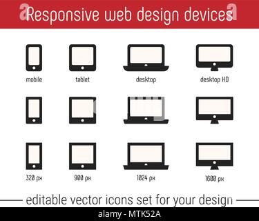 Reaktionsschnelle Symbol Vektorgrafiken. Flache responsive Design Icons Vektor. Reaktionsschnelle Symbol vektor Bilder für Website gesetzt, App. Responsive Design Icons Vektor mit Handy, Tablet-PC, Desktop Geräte einrichten Stock Vektor