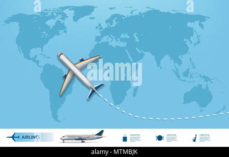 Geschäftsreise Banner mit Flugzeug- und Weltkarte Hintergrund. Realistische Flugzeug Travel Concept. Flug reisen Weltkarte Vector Illustration Stock Vektor