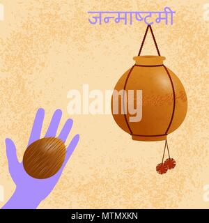 Janmashtami. Konzept einer religiöser Feiertag. Indische fest. Dahi handi auf Janmashtami, feiert die Geburt von Krishna. Topf, lila Hand mit Kokosnuss erstreckt. Text in Hindi - janmashtami Stock Vektor