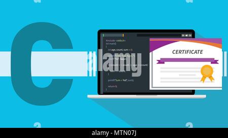 C sharp Programmiersprache Zertifikat mit Laptop und code Skript auf dem Bildschirm Vector Illustration Stock Vektor