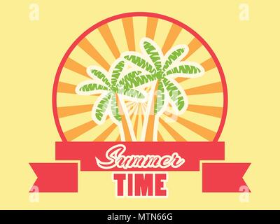 Sommer logo mit Früchten und Farbband. Strahlen des Lichts. Banner Design. Vector Illustration Stock Vektor