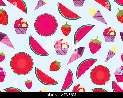 Sommer nahtlose Muster mit Obst und Eis. Wassermelonen, Erdbeeren und Eiscreme. Vector Illustration Stock Vektor