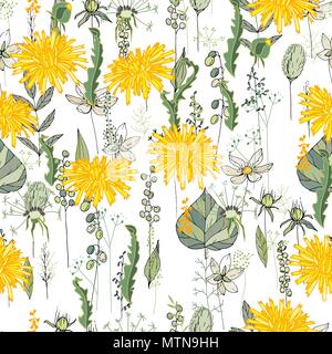 Nahtlose Muster mit Narzissen und Kräutern. Endlose Textur für Ihr Design Stock Vektor