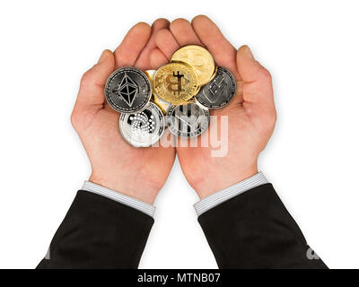 Offene Hände des Geschäfts Mann mit crypto Währung Münzen auf weißem Hintergrund blockchain finanziellen Investitionen der Unternehmen Konzept bitcoin eth isoliert gefüllt Stockfoto
