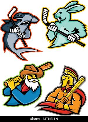 Maskottchen Symbol Abbildung von Baseball und Eishockey Team Maskottchen zeigt ein Hammerhai und jackrabbit oder Hase Ice Hockey Player, Bergmann und T Stock Vektor