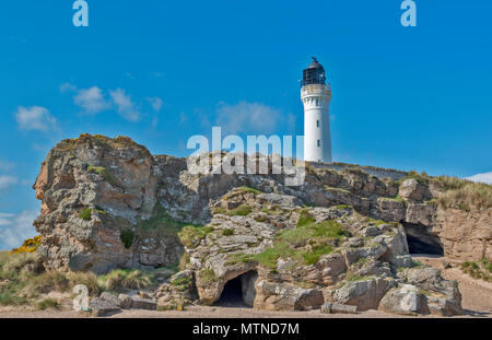 COVESEA LEUCHTTURM LOSSIEMOUTH STRAND SCHOTTLAND WEISSE SPALTE AUF EINEM HÜGEL mit Felsen und Höhlen AM FRÜHEN MORGEN IM FRÜHLING Stockfoto
