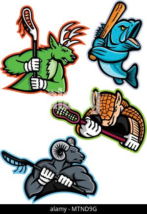 Maskottchen Symbol Abbildung von lacrosse und Baseball Sport Sport Team Maskottchen wie ein Hirsch Hirsche, Gürteltier und bighorn Ram, Bergziege lacros Stock Vektor