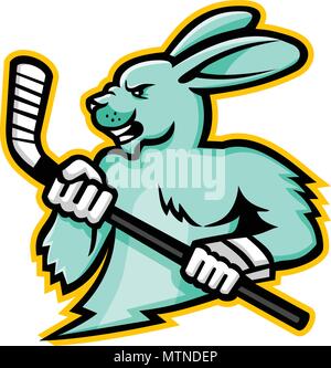 Maskottchen Symbol Abbildung: Leiter der Hase, Hasen oder Kaninchen Eishockey Spieler mit einem Ice Hockey Stick von der Seite auf isolierten Hintergrund betrachtet Stock Vektor