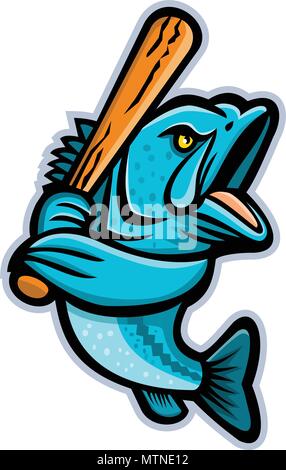 Maskottchen Symbol Abbildung eines largemouth Bass, bucketmouth oder bigmouth Bass mit Baseballschläger schlagen von einer Seite auf isolierten Hintergrund betrachtet in retro Stock Vektor