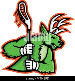 Maskottchen Symbol Abbildung: ein Hirsch Hirsch oder Buck, der ein lacrosse Stick von der Seite auf isolierten Hintergrund betrachtet im Retro-Stil. Stock Vektor
