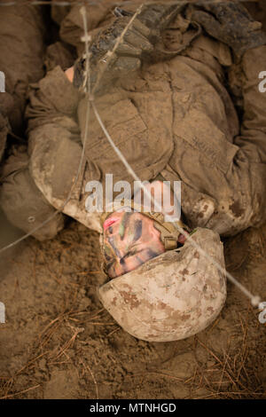 RCT Maria Daume, Platoon 4001, Papa Gesellschaft, 4. rekrutieren Training Bataillon, kriecht unter Konzertina Draht eine Munition Nachschub Laufe auf den Tiegel 5. Januar 2017, auf Parris Island, S.C. Daume war geboren in einem russischen Gefängnis und brachte in Long Island, NY, im Alter von 4, wenn sie und ihr Zwillingsbruder angenommen wurden. Der Tiegel ist Rekrut Ausbildung 54-Stunden ihren Höhepunkt Ereignis, das auf die Probe alles, die Rekruten gelernt haben stellt, seit seiner Ankunft auf Parris Island. Der Tiegel endet mit einer zermürbenden 9-Meile Wanderung bevor Rekruten der Adler, Kugel und Anker Emblem erhalten bedeutet die tran Stockfoto