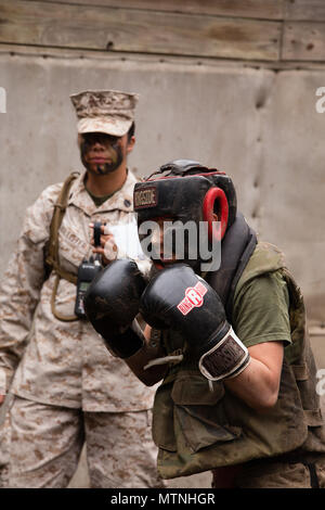 Rct. Maria Daume, Platoon 4001, Papa, 4 Recruit Training Bataillon, wartet auf ihren Gegner während Körper sparring auf dem Tiegel Jan. 5, 2017, auf Parris Island, S.C. Daume war in einem russischen Gefängnis geboren und auf Long Island, New York, im Alter von 4 Jahren, als sie und ihr Zwillingsbruder angenommen wurden. Der Tiegel ist die Ausbildung des 54-Stunden Höhepunkt, die mit dem Test alles Rekruten da auf Parris Island anreisen, haben gelernt, setzt rekrutieren. Der Tiegel endet mit einer Strapaze 9 Meile Wanderung vor Rekruten der Adler, Globus und Anker Emblem erhalten, was bedeutet, dass die Transformation von recrui Stockfoto