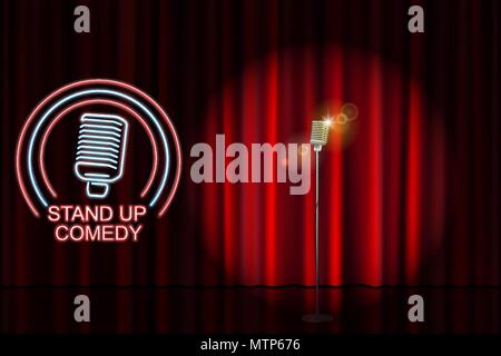 Stand up Comedy mit neon Mikrofon unterzeichnen und roten Vorhang Kulisse. Comedy Night Stand up Show oder Karaoke Party. Vector Illustration Stock Vektor