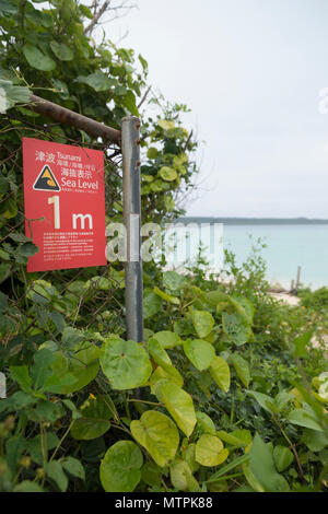 Tsunami-Warnschilder am Sunayama Beach, Miyako, Okianwa, Japan Stockfoto