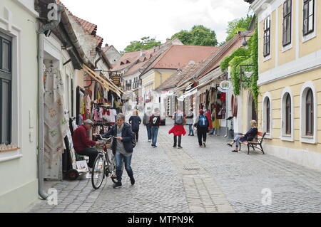 Szentendre, Ungarn - 17. Mai 2018: kleine Stadt in der Nähe von Budapest, die Hauptstadt von Ungarn. Bogdanyi Straße. Entlang der Straße gibt es zahlreiche Geschäfte. Stockfoto