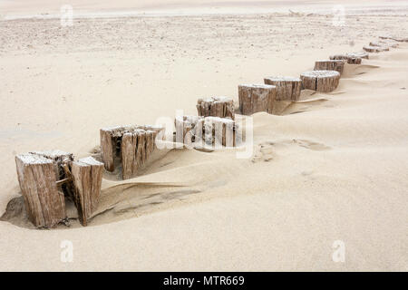 Reihe der kleinen, alten, hölzernen Strand Polen, für das Brechen der Wasser für Sicherheit bedeutete Stockfoto