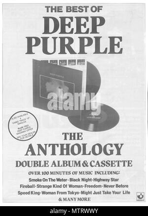 Deep Purple Drücken Sie Anzeige, Anzeige für Alben der Band aus den 70er und 80er Jahren. Diese Werbung erschien in der Britischen Musik Papiere und Deep Purple Alben in ihrem ursprünglichen Kontext zeigen. Enthält einige ihrer berühmtesten Titel einschließlich Rauch auf dem Wasser und Machine Head. Diese Anzeige ist für eine Sammlung, die Anthologie, freigegeben, wenn die Gruppe die im Jahr 1985 reformiert. Stockfoto