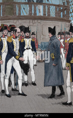Napoleon I an Bord der HMS Bellerophon (UK). Napoleons ergeben. 1815. Stockfoto