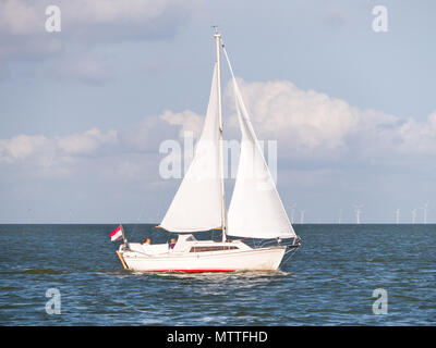 Menschen auf Segelboot Segeln auf dem IJsselmeer und Windenergieanlagen des Windparks Urk, Niederlande Stockfoto