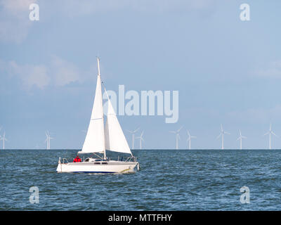 Menschen auf Segelboot Segeln auf dem IJsselmeer und Windenergieanlagen des Windparks Urk, Niederlande Stockfoto