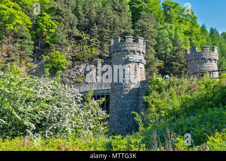 THOMAS TELFORD Brücke bei CRAIGELLACHIE SCHOTTLAND DIE TÜRME AUF DER BRÜCKE UMGEBEN VON BLUMEN IM FRÜHLING UND WEISSDORN BLÜTEN Stockfoto