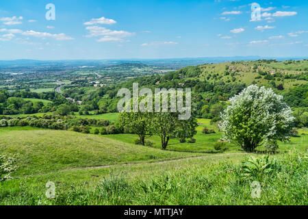 Blick auf crickley Hill und Severn Vale von Barrow Wake Sicht, in der Nähe von Birdlip, Gloucestershire, UK; England Stockfoto