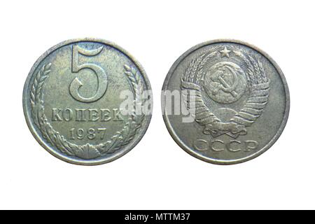 Alte Münzen der Sowjetunion (Russland) 5 Kopeken 1987 Stockfoto
