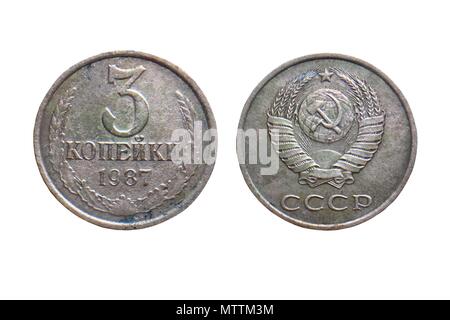 Alte Münzen der Sowjetunion (Russland) 3 Kopeken 1987 Stockfoto