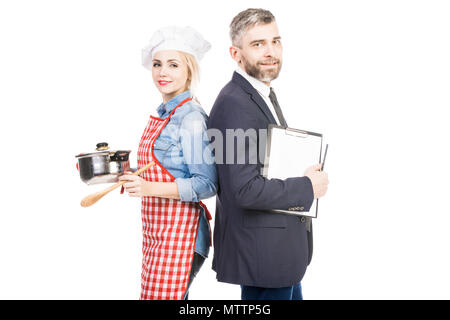 Happy Krippe mit Küchenchef Frau Stockfoto