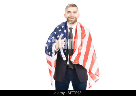 Patriotische Mann mit American Flag Stockfoto