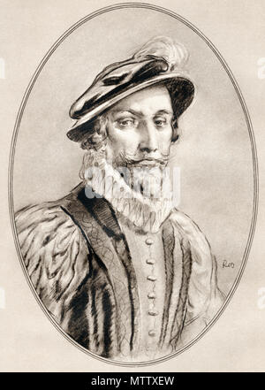 Sir Walter Raleigh, C.1554 - 1618. Englisch landete Gentleman, Schriftsteller, Dichter, Soldat, Politiker, Höfling, Spion und Explorer. Abbildung von Gordon Ross, US-amerikanischer Künstler und Illustrator (1873-1946), von lebenden Biographien berühmter Männer. Stockfoto