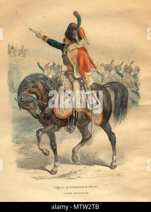 . Französische Pferd chasseur Officer von Napoleon zu schützen. Aus dem Buch von S.-M. Laurent de l'Ardèche" Histoire de Napoleon", 1843. 1843. artist Bellange (1800-1866) 437 Napoleon Chasseur vom Schutz durch Bellange Stockfoto