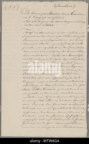 . Nederlands: Akte van traktaat van vriendschap De commercie een separate conventie te 's-Gravenhage gesloten tussen de Staten-Generaal en De Verenigde Staten van Amerika erfüllt. Met bijlagen, 1780, 1782. 8. Oktober 1782. 24 März 2014, 11:38:53. Nationaal Archief, Staten Generaal 447 NL-HaNA 1.01.02 12597.256 A02 Vriendschapsverdrag met de Verenigde Staten Stockfoto