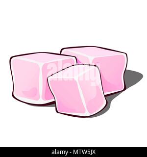 Drei rosa Süsse essbare Würfel auf einem weißen Hintergrund. Vektor cartoon Close-up Abbildung. Stock Vektor