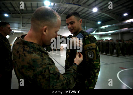 Oberstleutnant Paul C. Teachey Auszeichnungen rumänische Kapitän Laurentiu C. Anghel mit dem Navy-Marine Corps Leistung Medaille während der Übertragung der Autorität Zeremonie auf Mihail Kogalniceanu Air Base, Rumänien, Jan. 26, 2017. Schwarzes Meer die Drehkraft 16.2 wurde von BSRF 17.1 nach Ihren sechs Monat Bereitstellung, die eingeschlossene Arbeitsgänge mit 14 Partnerstaaten in Europa erleichtert. Teachey war der kommandierende Offizier der 16.2. (U.S. Marine Corps Foto von Cpl. Sean J. Berry) Stockfoto