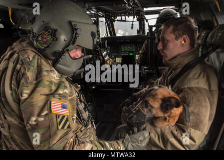 Grafenwöhr, Deutschland - Sgt. Tschad F. Salinero, ein Flug medic mit C Unternehmen 1-214 th Allgemeine Unterstützung Aviation Battalion, Haustiere MWD-Anouska, eine Patrouille Explosive Detector Hund, während ihrer ersten Hubschrauberflug, wie sie vom Sgt gehalten wird. Joseph A. Tucci, ein Militär Hundeführer mit den 100 militärische Gebrauchshund Loslösung, Jan. 11, 2017. (U.S. Armee Foto von Maj. Chris Angeles, 67 Vorwärts Op-Team) Stockfoto