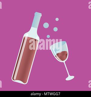 Rotwein Flasche geöffnet, gefüllten Weingläser auf Violett Hintergrund - Vector Illustration Stock Vektor