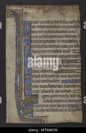 . Englisch: Zusammenfassung: Vellum Blatt eines Psalters in 19 langen Linien in einem gotischen Hand geschrieben, mit Initialen für jede Strophe und abstrakten Linie Füllstoffe in blau, rosa und gold Tinte. Eine Seite enthält Psalm 119 [118]. 16-25, und die andere mit 119 [118]. 25-34. Das Blatt ist stark getrimmt. In Deutschland im 13. Jahrhundert geschrieben. Enthalten in: Manuskript Fragment Sammlung. Ordner 25 Manuskript Ort: Rare Book & Manuscript Library der Universität von Pennsylvania Frau Slg. 591. 31 Oktober 2014, 12:38:03. Universität von Pennsylvania Bibliotheken 431 MsColl 591 Ordner 25-1 Stockfoto