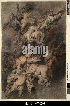 . Englisch: Studie für den Fall der Verdammten; Blatt von Studien für zwei Gruppen, in der oberen Hälfte, Männer und Frauen, die von Dämonen gezogen wird, ist die untere Hälfte vertritt die Gruppe unmittelbar links von der ehemaligen Gruppe in der Malerei, mit zwei pot-bellied Männer und eine fette Frau von Dämonen getragen. c. 1614-18 schwarze und rote Kreide, Aquarell und Körperfarbe, auf zwei Blätter. zwischen 1614 und 1618. Peter Paul Rubens (1577 - 1640) Alternative Namen: Rubens, Pierre Paul Rubens, Pieter Paul Rubens, Sir Peter Paul Rubens Beschreibung flämischen Maler, Bildhauer, Zeichner und Grafiker Geburtsdatum Stockfoto