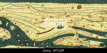 . Englisch: Teil der Tabula Peutingeriana übersicht Western Mösien unterlegen, Western Dacia und Mazedonien, 1-4 Jh. CE. Faksimile-ausgabe von conradi Millieri, 1887/1888 Română: Fragment din Tabula Peutingeriana incluzând părţile vestice ale Moesiei minderwertig Și ale Daciei, cât și Mazedonien, Sec. I-IV d.C. Millieri Facsimil de Conradi, 1887/1888. 15 Dezember 2010, 21:19 (UTC). Conradi Millieri abgeleitete Arbeit: Codrinb (Talk) 468 Teil der Tabula Peutingeriana übersicht Western Mösien unterlegen, Western Dacia und Mazedonien Stockfoto