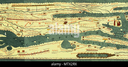 . Englisch: Teil der Tabula Peutingeriana, östlichen Mösien unterlegen, östlichen Dacia und Thrakien, 1-4 Jh. CE. Faksimile-ausgabe von conradi Millieri, 1887/1888 Română: Fragment din Tabula Peutingeriana incluzând părţile estice ale Moesiei minderwertig Și ale Daciei, cât și Tracia, Sec. I-IV d.C. Millieri Facsimil de Conradi, 1887/1888. 3 Februar 2011, 18:18 (UTC). Conradi Millieri abgeleitete Arbeit: Codrin. B (Talk) 468 Teil der Tabula Peutingeriana, östlichen Mösien unterlegen, östlichen Dacia und Thrakien Stockfoto