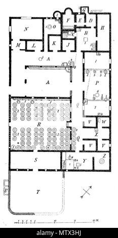 . Русский: План виллы (Villa della Pisanella) в Боскореале. A-двор, кухня атрий, B-, C-G-баня с тепидарием кальдарием и t., д., H-конюшни (?), E-кладовая, K и L-спальни, N-столовая, M-передняя, O-пекарня виноградная давильня, P-, Q-, R- коридор склад бочек с вином, T-ток, U-резервуар для дождевой воды, VVV-спальни, X-ручная мельница, Z-маслобойни Englisch: Villa della Pisanella, Boscoreale planen. A-Hof, Atrium, B-Küche, C-G-Bad mit dem Tepidarium, Caldarium, etc., H-Ställe (?), E-Speisekammer, K и L-Wohnzimmer, N-Esszimmer, M - Vorraum, O-Bäckerei, Stockfoto