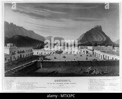 . Englisch: Monterey, Mexiko als von einem Haus gesehen - top in der Main Plaza (Zaragoza öffentlichen Platz), [im Westen] Oktober, 1846. Español: Monterrey, Méxcio como se ve desde lo Alto de una Casa en la Plaza Principal (Plaza Zaragoza) hacia El Oeste. 1846. Lithographie von G. und W. Endicott, aus der Bibliothek des Kongresses Drucke und Fotografien Abteilung Washington, D.C. 423 Monterrey in den Westen Oktober 1846 Stockfoto