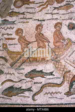 . Español: Mosaico Alcalaíno. Français: Mosaïque romaine Ausgabe de la Maison d'Hippolyt sur le site Archéologique de Complutum (Alcalá de Henares. Communauté de Madrid, Espagne). 18. Juni 2007. 425 Mosaicocomplutense Arqet Stockfoto