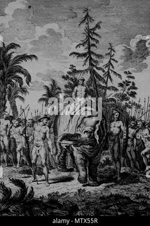 . Englisch: Der König von Cochin auf seinen Elefanten, durch seine Nairs von Histoire générale des Voyages begleitet. 14. Juni 2008. l'Abbé Antoine François Prévost, jacques-nicolas Bellin 340 König von Cochin Stockfoto