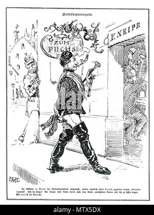 . Englisch: Karikatur der Deutschen Kaiser Wilhelm II. die Verbindung zu Deutschen corps Studenten von Schweizer Satirezeitschrift "Nebelspalter" 17, 1891, S. 21, Deutsch: 1900 von Kaiser Wilhelm II. anlässlich Waden Besuchs bei den Bonner Corpsstudenten, war maßgeblich zur Etablierung der De: Corps (und Geschichte de: Studentenverbindungen) im deutschen Kaiserreiches beitrug, aus der Schweizer Satirezeitschrift de: Nebelspalter 1891. 1891. '1234567' (Unbekannt) 440 Nebelspalter - Konsequenzen 1891 Stockfoto