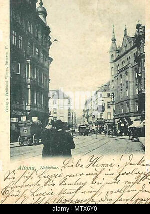 . Englisch: Postkarte Inschrift "Altona, Nobisthor'. Blick vom Nobistor an der Grenze zwischen Hamburg und Holsatian/Preußischen Altona in den Westen in Reichenstrasse. Stempel auf der Rückseite Mai 1899. Foto vor der Installation von einem Overhead Strom für die Straßenbahn im Jahr 1896 übernommen. 27. Februar 2012. Unbekannt 448 Nobisthor 1899 Stockfoto