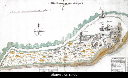 . Karte von Okhotskoi Ostrog, Tuschezeichnung, 1737 (State Marine Archiv St. Petersburg). 1737. Diese Datei fehlt, Informationen zum Autor. 452 Ochotsk (1737) Stockfoto